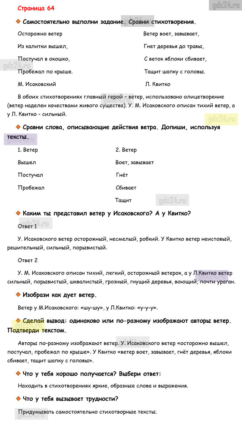 ГДЗ страница 64 литературное чтение рабочая тетрадь Бойкина, Виноградская  за 3 класс